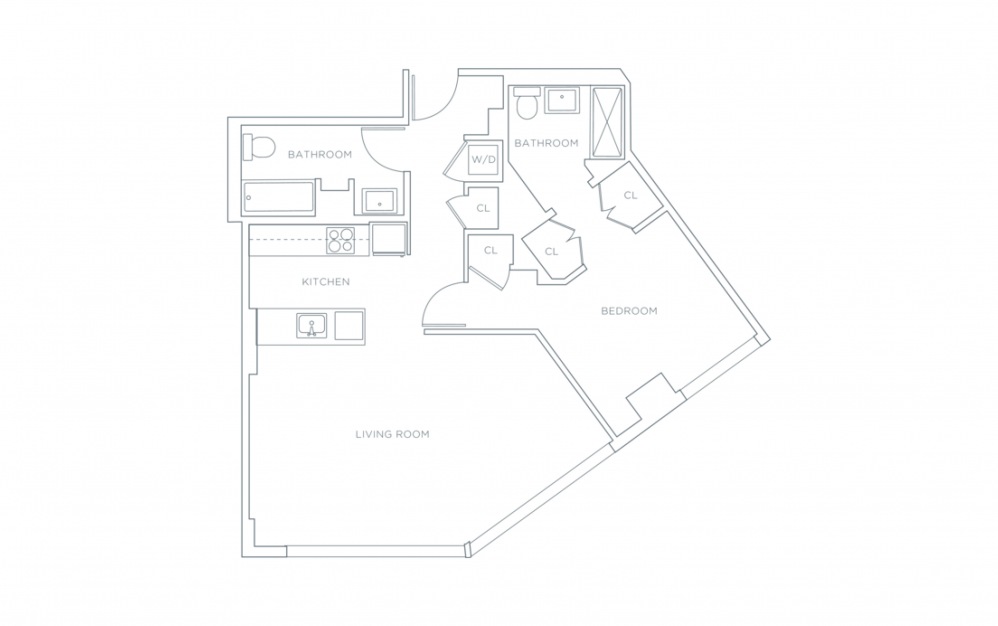 A12 - 1 bedroom floorplan layout with 2 baths and 888 square feet.