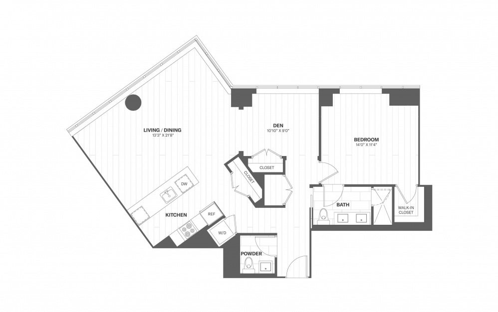 A13 - 1 bedroom floorplan layout with 1.5 bath and 1156 square feet.
