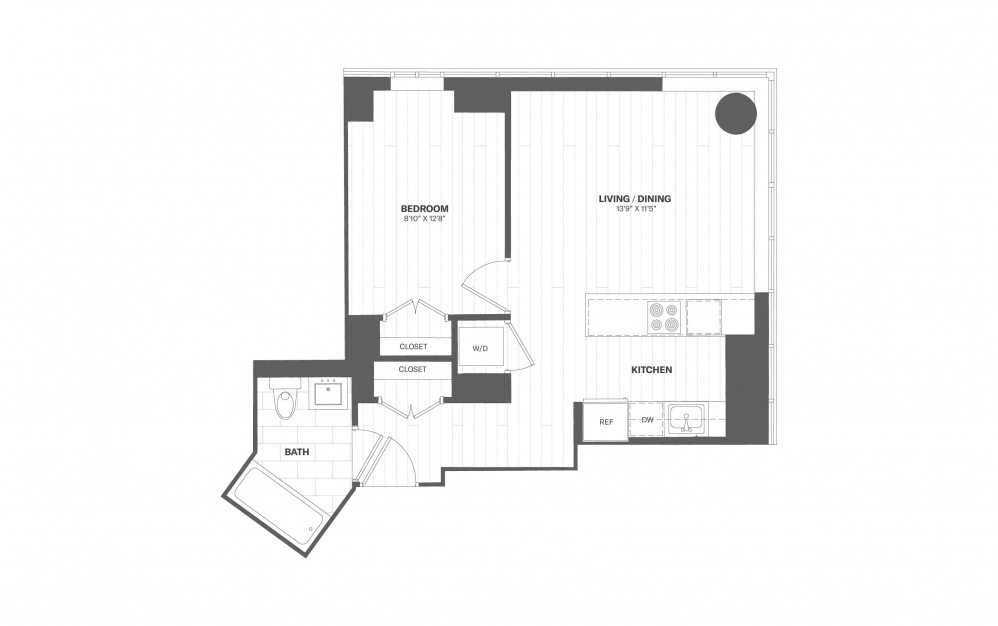 A3 - 1 bedroom floorplan layout with 1 bath and 595 square feet.