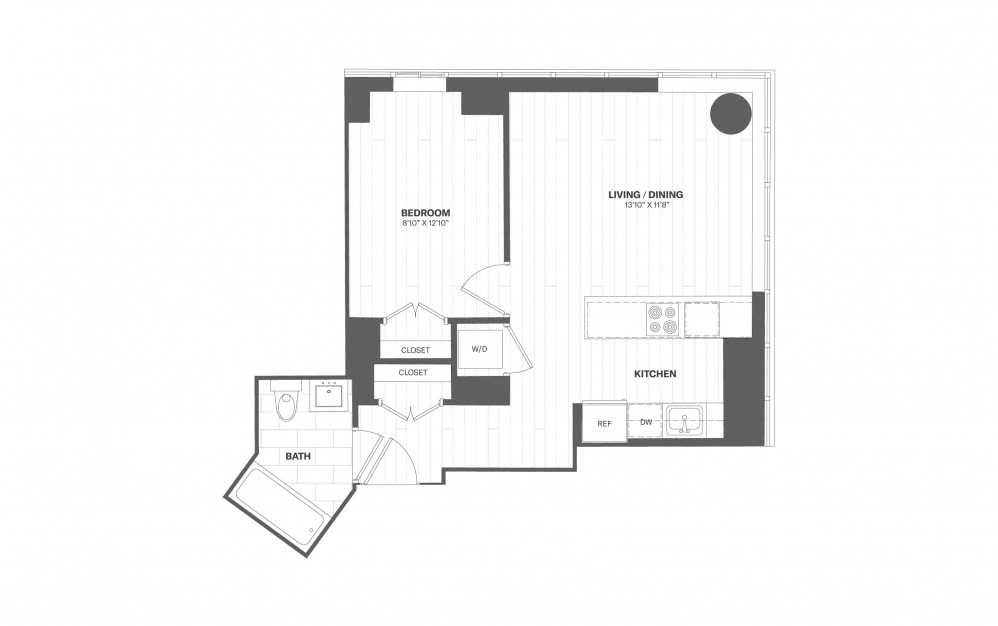 A4 - 1 bedroom floorplan layout with 1 bath and 598 square feet.