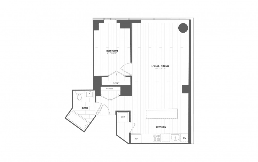 A5 - 1 bedroom floorplan layout with 1 bathroom and 757 square feet