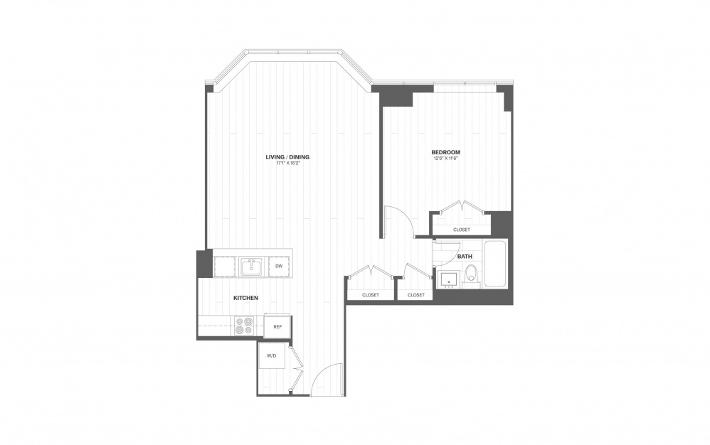 A6 - 1 bedroom floorplan layout with 1 bath and 788 square feet.