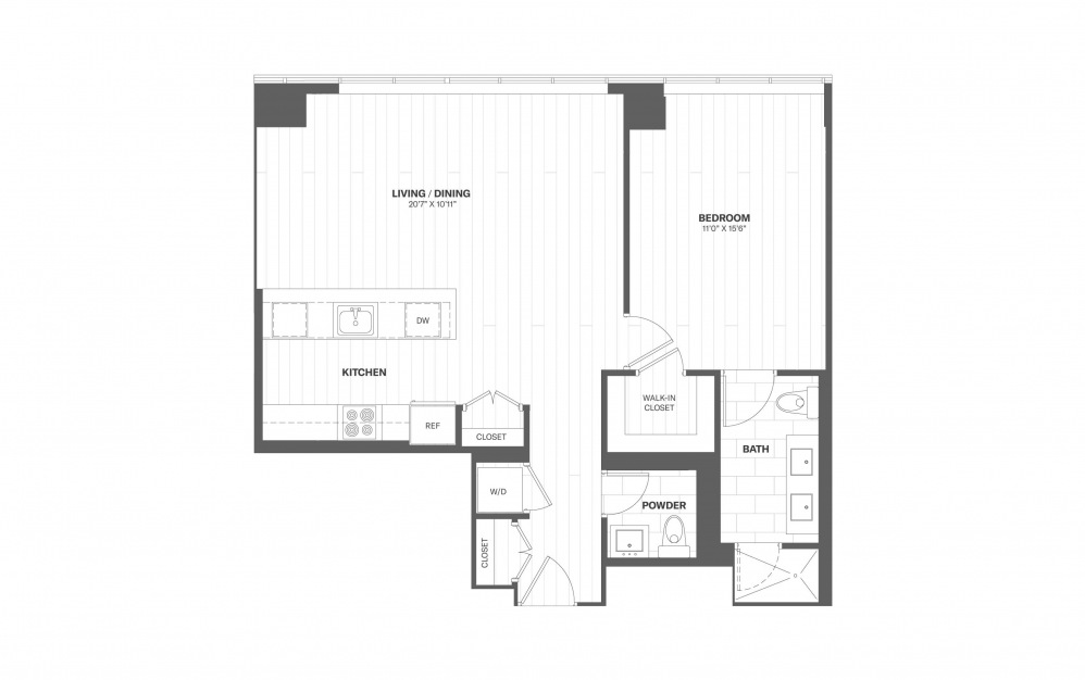 A7 - 1 bedroom floorplan layout with 1.5 bath and 858 square feet.