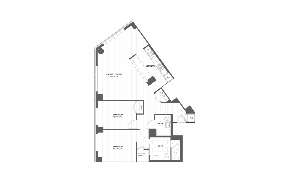 B10 - 2 bedroom floorplan layout with 2 baths and 1225 square feet.