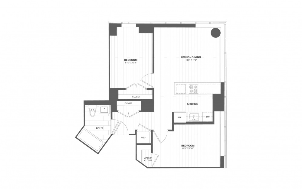 B1 - 2 bedroom floorplan layout with 1 bath and 754 square feet.