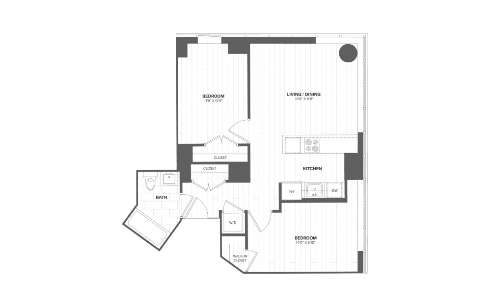 B2 - 2 bedroom floorplan layout with 1 bath and 760 square feet.