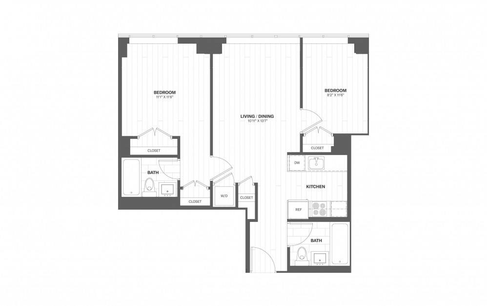 B3 - 2 bedroom floorplan layout with 2 baths and 772 square feet.
