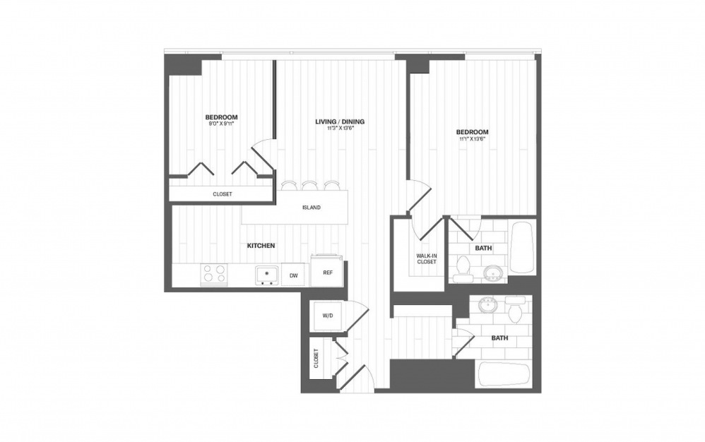 B4 - 2 bedroom floorplan layout with 2 baths and 851 square feet.