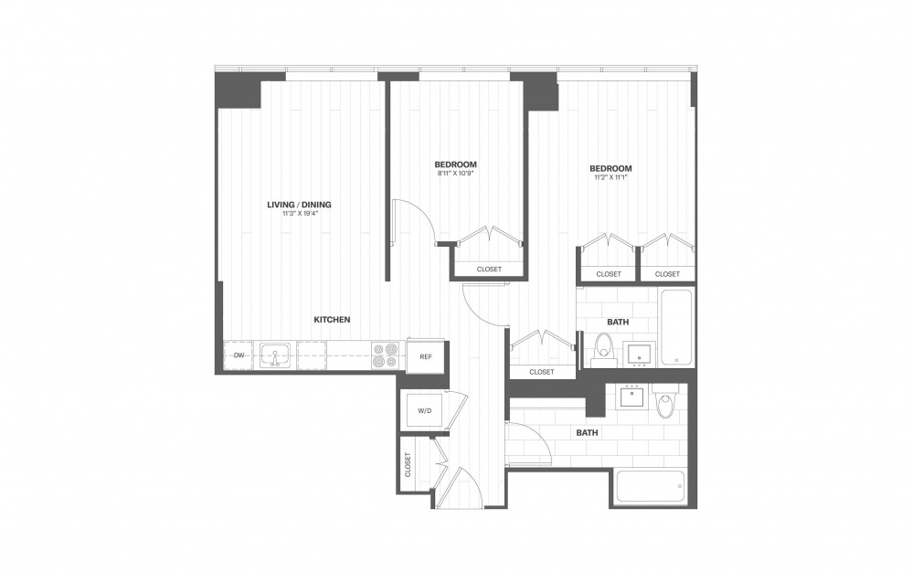 B5 - 2 bedroom floorplan layout with 2 baths and 857 square feet.