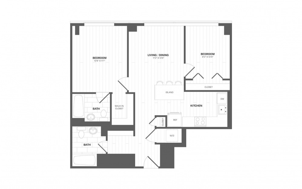 B6 - 2 bedroom floorplan layout with 2 baths and 863 square feet.