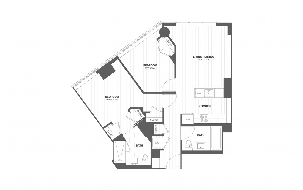 B7 - 2 bedroom floorplan layout with 2 baths and 888 square feet.