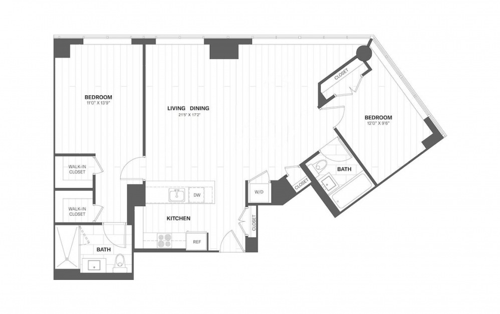 B8 - 2 bedroom floorplan layout with 2 baths and 1127 square feet.