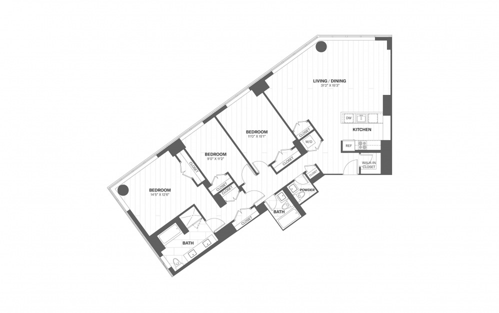 C3 - 3 bedroom floorplan layout with 2.5 baths and 1650 square feet.