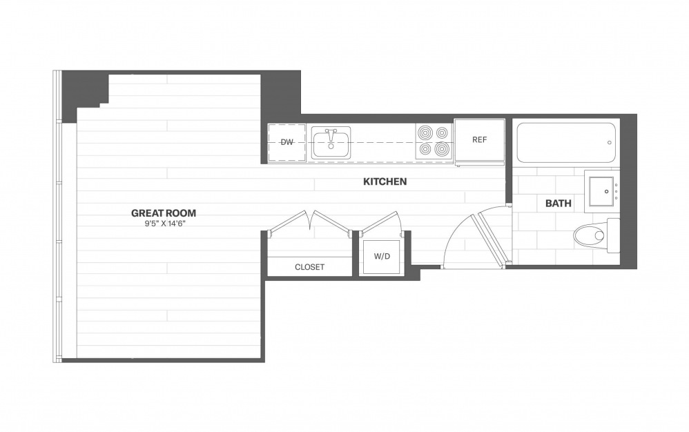 S1 - Studio floorplan layout with 1 bath and 332 square feet.