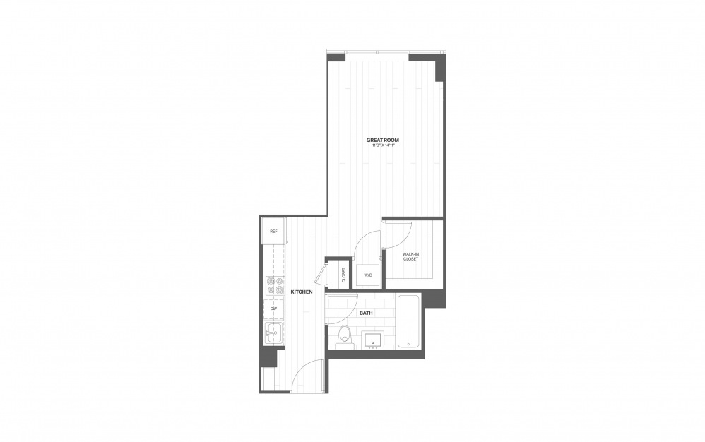 S3 - Studio floorplan layout with 1 bath and 443 square feet.