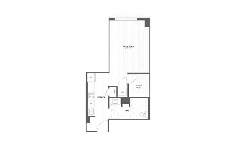 S4 - Studio floorplan layout with 1 bath and 467 square feet.